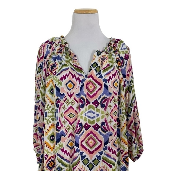 Beach lunch lounge Colorful Ikat Popover V Neck Blouse Size M - Picture 3 of 16